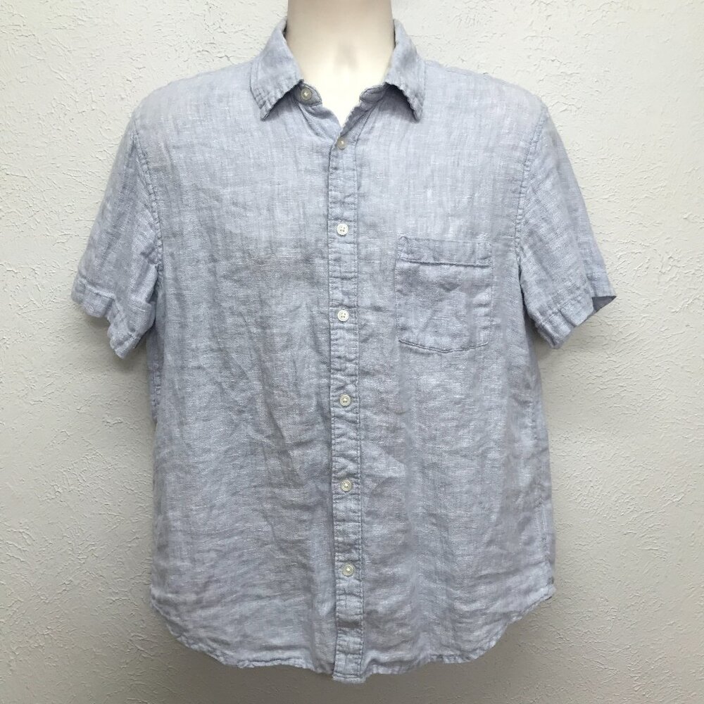 Panama Jack Button Shirt Mens L Blue Linen Short Sleeve Pocket Lightweight